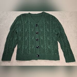Forest Green Cable Knit Cardigan Chunky Cozy Softgirl Academia Sweater XL